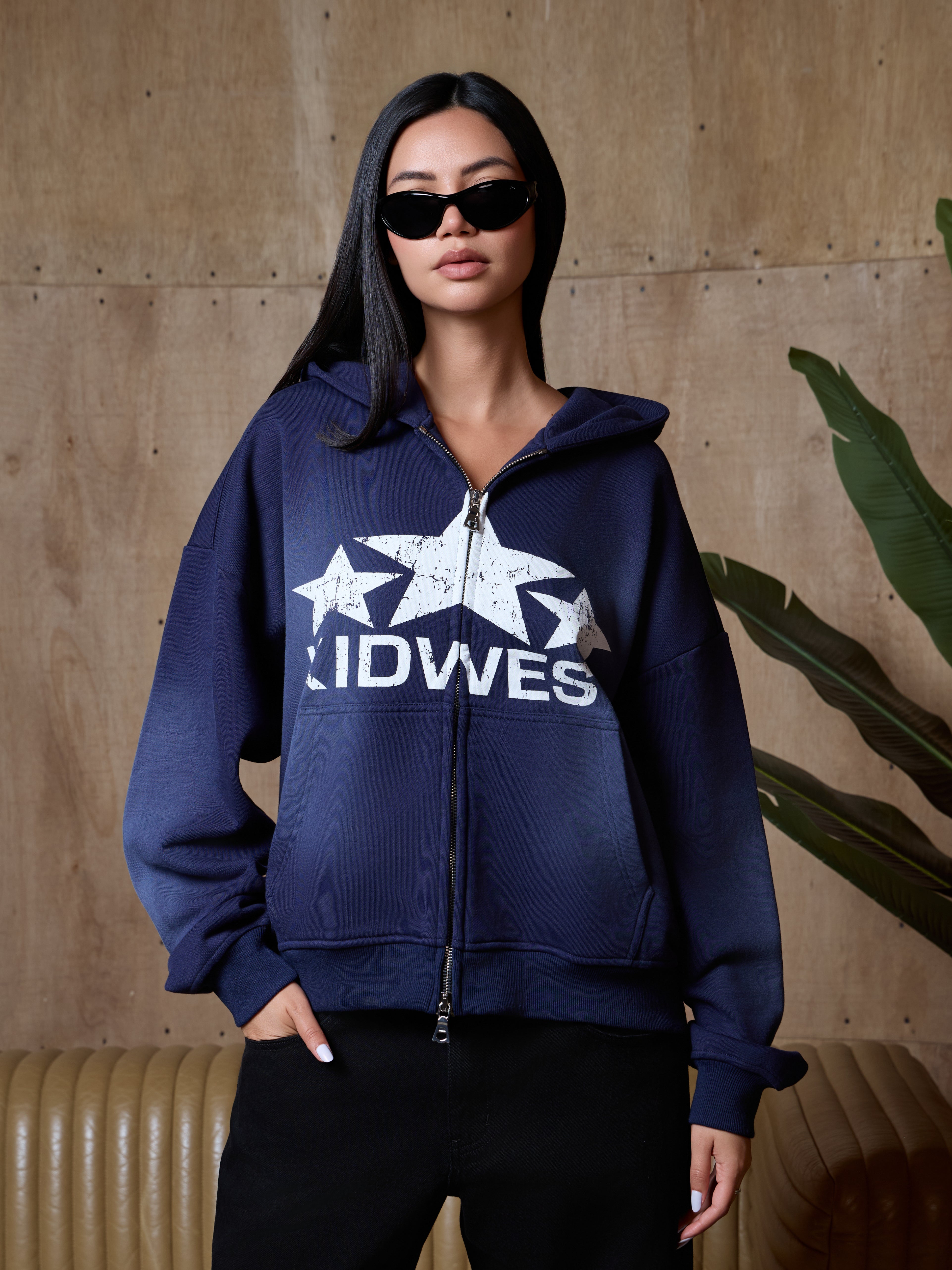 STARS ZIPPER HOODIE - WASHED NAVY KID FROM THE WEST